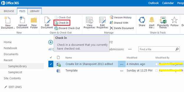check-in option on top ribbon bar